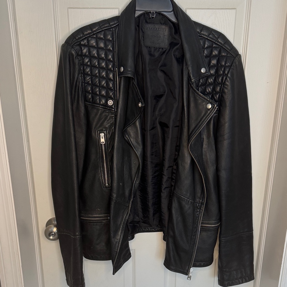 All Saints Mens Black Leather Biker Jacket with Quilted Shoulders - Picture 10 of 15